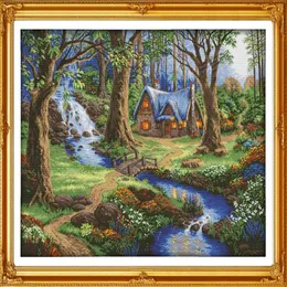 The cabin in the forest home decor painting Handmade Cross Stitch Embroidery Needlework sets counted print on canvas DMC 14CT 11248s