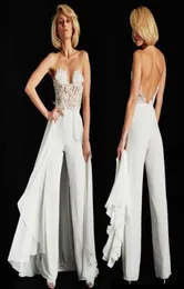Ines Di Santo Lace Jumpsuit Evening Dresses Detachable Train 2020 Sexy Illusion Bodice Chiffon Backless Beach Bridal Gowns8695193