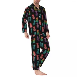 Homens sleepwear colorido abacaxi outono bonito frutas impressão vintage oversize pijama conjuntos homem manga longa adorável quarto personalizado casa terno