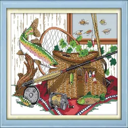 Fishing gear decor paintings Handmade Cross Stitch Embroidery Needlework sets counted print on canvas DMC 14CT 11CT277v