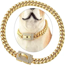 Cuba Dog Chain Belt Collars Full Diamond Buckle Collar Stainless Steel Gold Pet Necklace 10mm 14mm Crystal Golden Necklaces293C