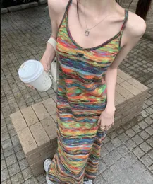 designer Sleeveless Rainbow Striped Knitted Long Vest Dress Women 2024 Summer Sexy Beach Holiday Fashion Ladies Maxi Vestidos Mujer