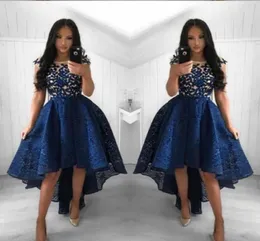 2019 Navy Blue Cocktail Dresses A Line Crew Neck Lace High Low Prom Dress Short Party Arabiska kvällsklänningar Vestidos3833099