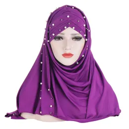 Scarves Womens Milk Silk Scarf Hat Fashion Solid Color Kerchief Bead Pearl Hijab Ladies Elegant Classic Head Headband Sleep Cap