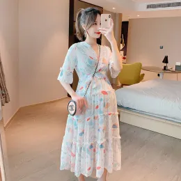 ドレスマタニティウェアサマー韓国ドレス新しいファッションvneck over theknee long skirt妊娠ハイウエストルーズ母乳育児スカート