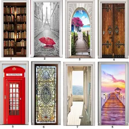 PVC Mural Paper Print Art 3D Bookhelf Tower Sea Door Stickers Home Decor Bild Självhäftande vattentät tapet för sovrum T268N