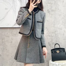 Insozkdg Autumn Women Retro Suit Office Work Wear Cardigans Patchwork Slim Blazer Coat Mini Kjol Twopiece Set Korean Fashion 240226