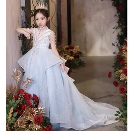 Nuovi Crystals Flower Girl Dresss for Wedding Princess Pearls Perline Gonne a più gighette per bambini abiti da concorso per bambini Bless Long Long Train Bling Primo santto Comunione Abiti