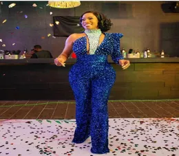 2021 Plus Size Arabic Aso Ebi Royal Blue Sparkly Prom Jumpsuits Dresses Pärlad paljett Sheath Evening Formal Party Second Recepti4420024