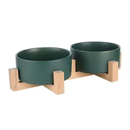 Ceramic Elevated Raised Cat Bowl with Wood Stand No Spill Pet Food Water Feeder Cats Small Dogs Supplies 400ml850ml Y200917261n