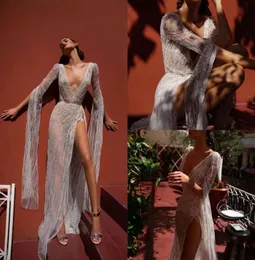 2019 Inbal Dror Beach Wedding Dresses V Neck Spets High Split Illusion Bodice Floor Length Bohemian Wedding Dress Long Sleeve Brida3185124