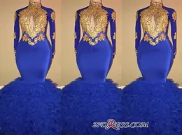 2019 Royal Blue Prom Prom Dress Mermaid 형식 파티 가운 Long Sleeve Black Girl Evening Dreess 섹시한 인어 맞춤형 Made Plus Size DRE3678244