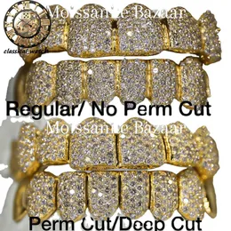 Oro giallo personalizzato permanente Vvs Moissanite Diamond Grillz ghiacciato giù gioielli hip hop per rapper di lusso personalizzati