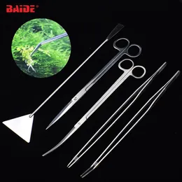 5 in 1 Aquarium Tools Set Stainless Steel Curved Scissors 27cm Tweezers for Big Fish Tank Aquatic Plant Cleaning Tool 60set lot286P