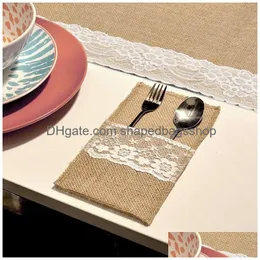 Party Decoration Vintage Shabby Chic Jute Burlap Lace Tabellery Fork Knivhållare Cutlery Pocket Table Wa3911 Drop Delivery Home Garde Dhuiy