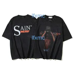 2024 Vår/sommar ny t-shirt American Hip Hop Saint Religious Oil Målning tvättar ut vintage kort ärm mode bhpf