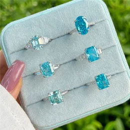 Blue Diamond Love Designer Ring for Woman Wed Engagement 925 Sterling Silver Oval Square Zirconia Solitaire Luxury Rings Smycken Kvinnors jubileum Presentlåda Storlek 5-9