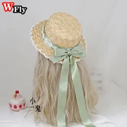 Harajuku Women Girls Summer Straw hat Beach Sun Hat Handmade Sweet Lolita Cosplay Lace Bow Ribbon Hats Decorate 240309