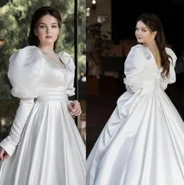 Designer Elegant Wedding Dress Puff Long Sleeves Fulllength Princess Dress Matte Satin With Soft Waistband Plus Size Bridal Gown 8937942