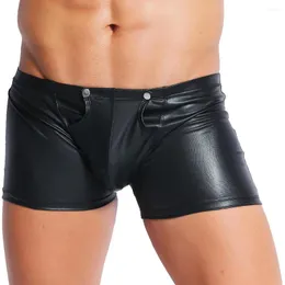 Unterhosen Männer Patent Leder Shorts Sexy Schwarz Zurück Reißverschluss PU Boxer Erotische Wet Look Dessous Männlich DJ Fetisch Club tragen