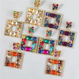 Big Statement Square Drop Earrings Women Bling Dangles Fashion Designer Colorful Glass Drills Iced Out Jewelry Exaggerated Geometric Street Party Earring Gifts