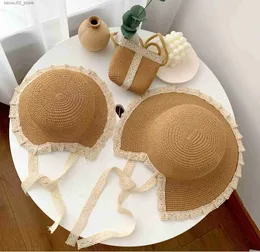 Wide Brim Hats Bucket Hats OMEA straw hat kids sun hat mother and me wide brim beach hat women bucket hat designer Adjustable lace Ribbon children bag Q240312