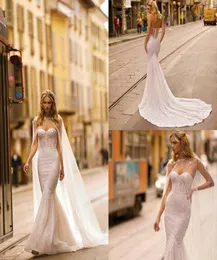 2020 Berta Mermaid 웨딩 드레스 랩 스위프 트레인 반짝이는 반짝이는 구슬 플러스 사이즈 비치 신부 가운 컨트리 스타일 vestidos de novi8753567