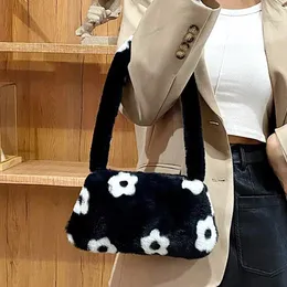 2024 Evening Bags Women Flower Pattern Mini Shoulder Luxury Plush Shopper Purses Female Handbag Winter Faux Fur Underarm Fluffy Tote Bag