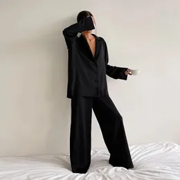 Hiloc Oversized Satin Silk Sleepwear Low Cut Sexy Pajamas For Women Single-Breasted Long Sleeves Wide Leg Pants Trouser Suits 240307