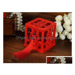 Party Favor Wood Chinese Double Happiness Boxes Candy Box Red Classical Hollow Sugar Case With Tassel Drop Delivery Home Garden Festiv DHWQF