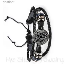 Beaded Satanic Baphomet Pentagram Bracelet Gothic Black/Brown Leather Bangle Satanism Evil Occult Pentacle Jewelry Pagan Charm GiftL24213