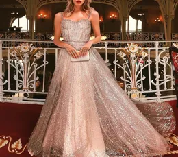 2020 Sparkly Gold Sequin Sweetheart Aline Spaghetti Strap Cheap Long Prom Party Evening Gown Prom Dresses robe de soriee5785950
