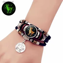 Frisado luminoso 12 constelações pulseira vintage para homens mulheres trançado punk pulseiras de couro presente de aniversário brilho no escuro pulseiral24213