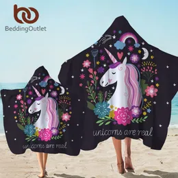 Beddingoutlet Unicorn Hooded Handduk Mikrofiber Badhandduk med huva för barn Vuxen blommig tecknad bärbar strandomslag filt T20052866