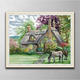 Flowers villa room decor paintings Handmade Cross Stitch Craft Tools Embroidery Needlework sets counted print on canvas DMC 14CT 246W