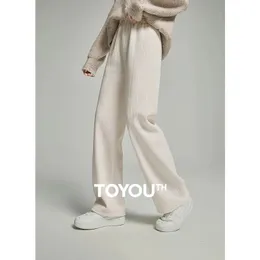 Toyouth Women Plush Knit Pants 2023 Winter Elastic midja rakt löst wideleg byxor vete spik mönster casual sweatpant 240309