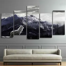 Legal hd imprime arte da parede da lona sala de estar decoração casa fotos 5 peças neve montanha planalto lobo pinturas animais cartazes framew265f