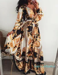 Women Boho Wrap Summer Lond Dress Holiday Loose Print V-neck Long Sleeve Elegante Dresses Cocktail Party