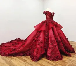 Dark Red Off Shoulder Ball Gown Quinceanera Dresses 3D Floral Appliciques Sweep Train Prom Evening Formal Party Gown8454730