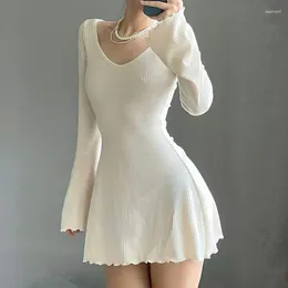 Casual Dresses Women Knit Rib Mini Dress Elegant Office Party Long Sleeve V Neck Oregelbundet hem A-Line Fall Spring