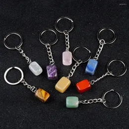 Keychains 10PCS Natural Stone Irregular Rectangular Shape Keychain Rose Quartz Tiger's Eye Opal Crystal Key Ring Chain Keyring