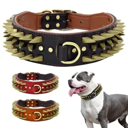 Dog Collars & Leashes 2'' Width Leather Collar Durable For Big Dogs Sharp Spikes Studded Medium Large Pet Pitbull German S240Z