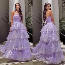 Sparkly Purple Quinceanera Prom Dresses Axless Tier paljett Graduation Dress Ruffles skiktad puffig födelsedagsfotografering