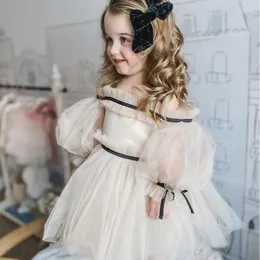 Flicka klänningar bmnmsl tutu tulle klänning småbarn elegant långärmad rufsar trim mini höst runda nacke prinsessan party