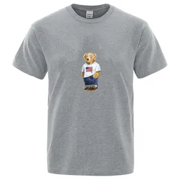 Designer cavalheiro urso de pelúcia desenhos animados bonito impressão verão masculino topos solto camiseta de algodão hip hop roupas camisetas