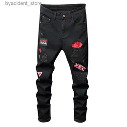 Men's Jeans Sokotoo Mens red flower letters embroidery black jeans Fahion badge stretch denim pants L240313