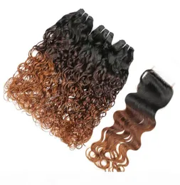 Water Wave 1B 4 30 Auburn Ombre Brazilian Virgin Human Hair 3Bundles with Closure Wet Wavy 3Tone Ombre Weaves with 4x4 Lace Closu3089110