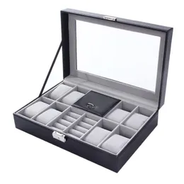 Watch Boxes Mixed Grids Wacth Box Leather Case Storage Organizer Luxury Jewelry Ring Display Black Quality 2 In 1231u