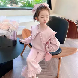 Clothing Sets 2024 Spring Children Girl 2PCS Set Cotton Lapel Sequin Pullovers Solid Flared Pant Toddler Outfits Baby Suits