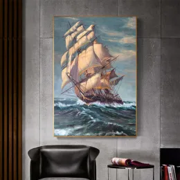 Calligraphy Noridc Retro Boat Oil Painting On Canvas Ship Seascape Posters Landscape Sailboat Wall Art Pictures for Home Decoration Caudros